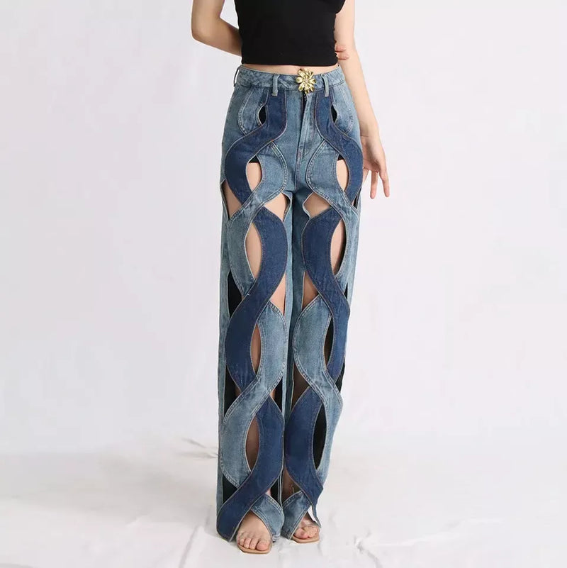 High Waist Jeans mit Blumenmuster, Reißverschluss und Used-Look