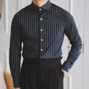 non-iron blue stripe shirt, view 2 - MRSLM