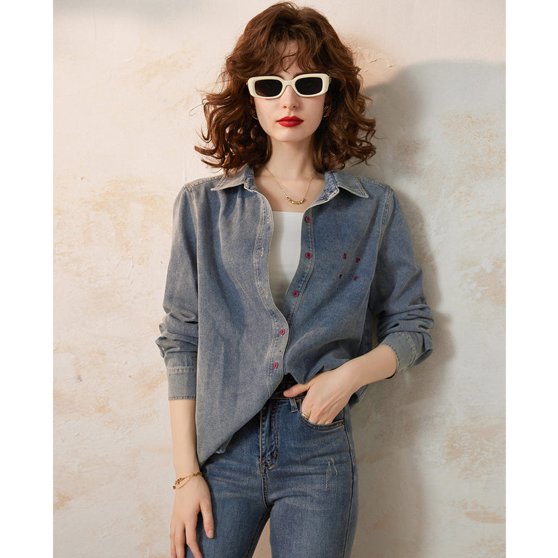 spring casual denim shirt with embroidery, view 2 - MRSLM