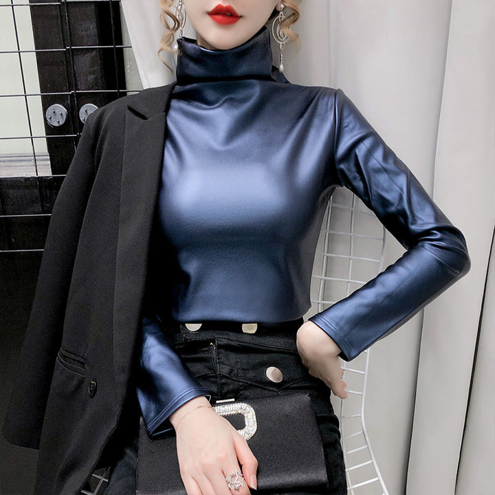 Autumn And Winter Fleece-lined Thick Leather Coat Turtleneck Bottoming Shirt For Women