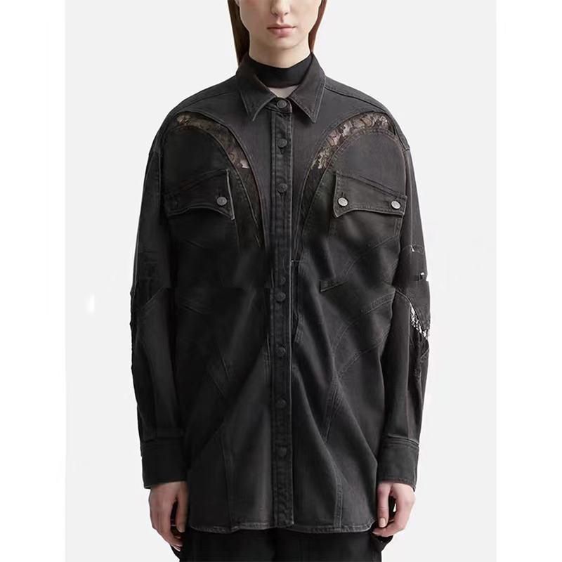 lace-detail denim jacket, view 3 - MRSLM