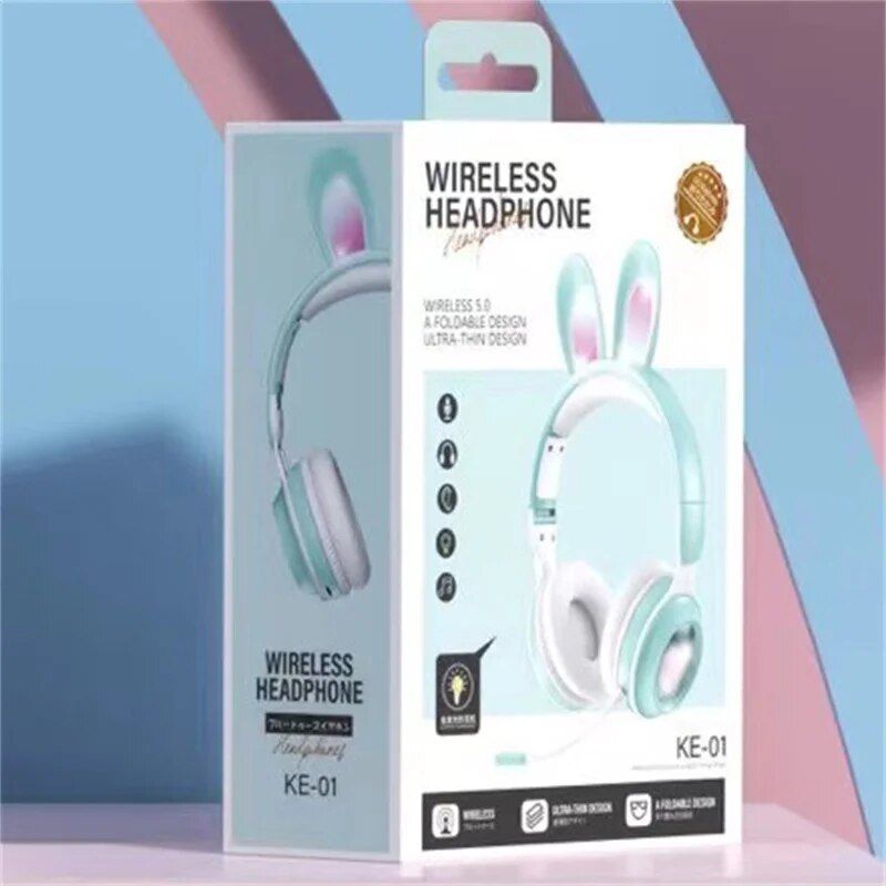 Bluetooth-Kopfhörer mit LED-Beleuchtung, Hasenohren, Mikrofon mit Geräuschunterdrückung und TF-Kartenunterstützung