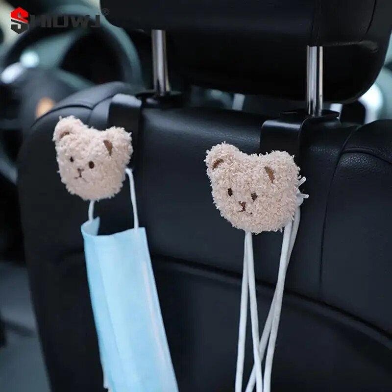 Cute Plush Bear Car Seat Back Hook with Decorative Pendant