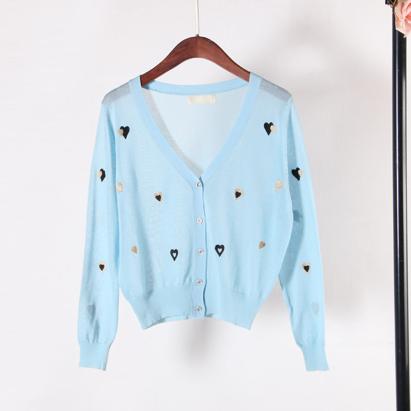 New Embroidered V-neck Ice Silk Knitted Cardigan Women's Coat