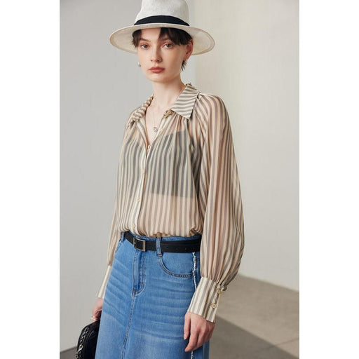 women's striped silk casual shirt, view 2 - MRSLM