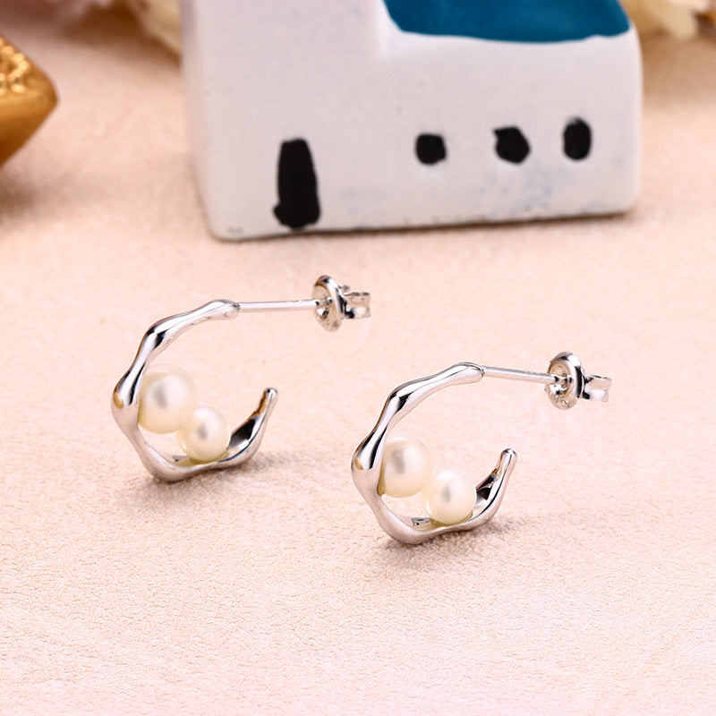natural pearl geometric stud earrings, view 3 - MRSLM