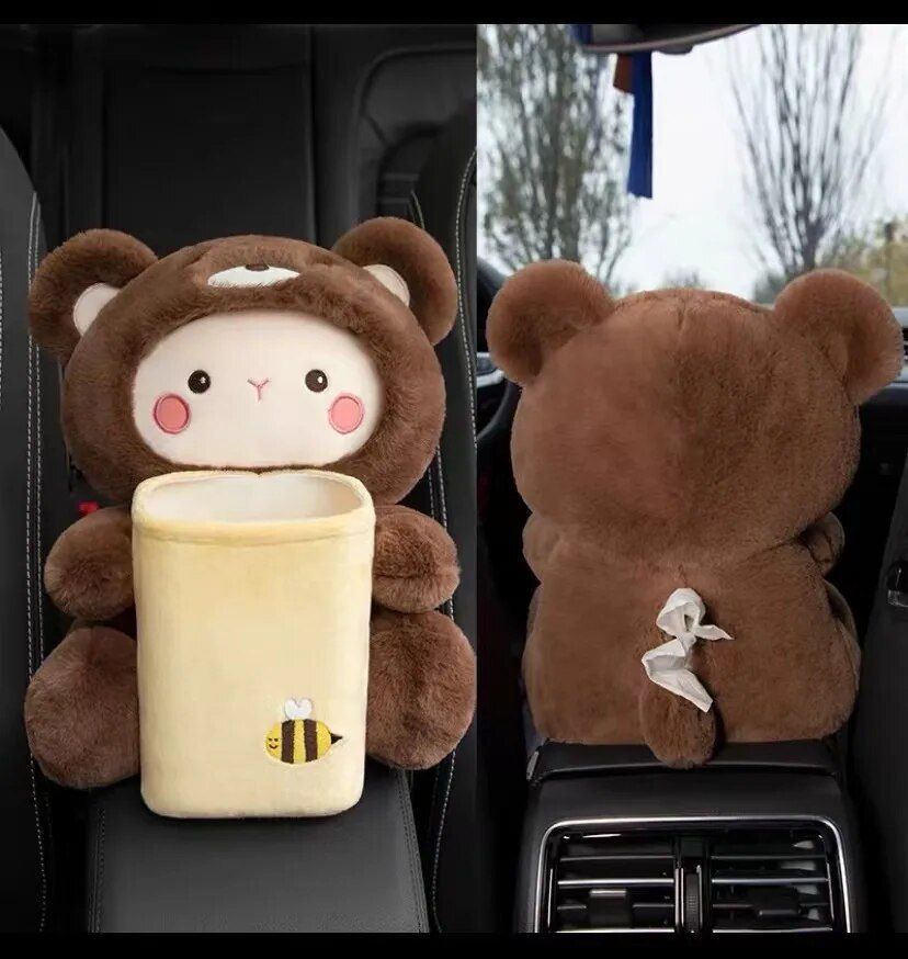 Plush Cartoon Car Tissue Holder & Armrest Organizer