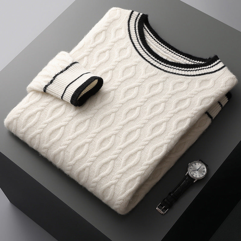 mens jacquard colorblock round neck sweater, view 3 - MRSLM