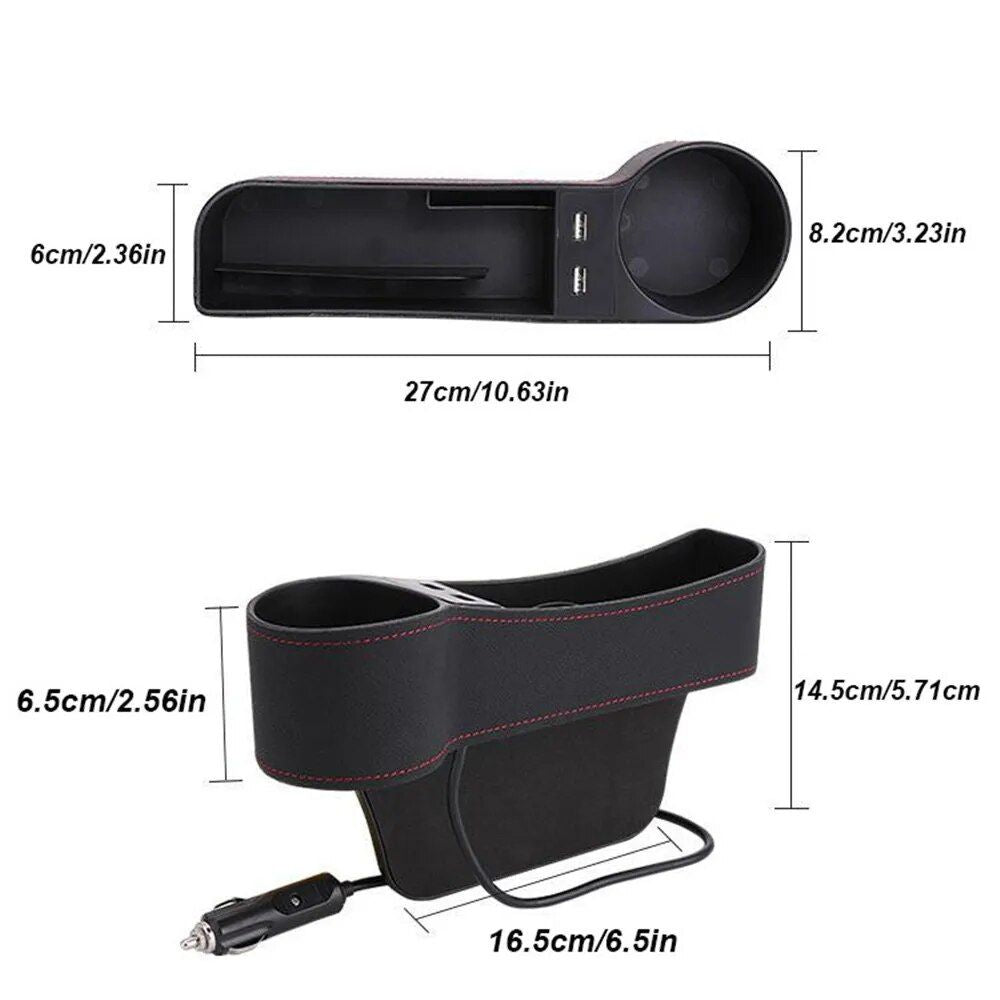 Leather Car Seat Gap Organizer with Dual USB Charging & Cup Holder