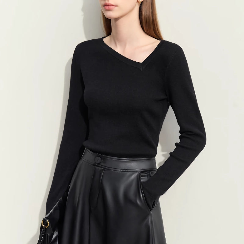 asymmetrical diagonal v-neck slim sweater, view 8 - MRSLM