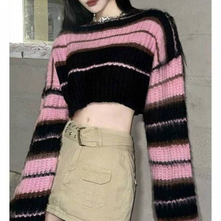 Sweet Cool Style Contrast Color Striped Sweater Short