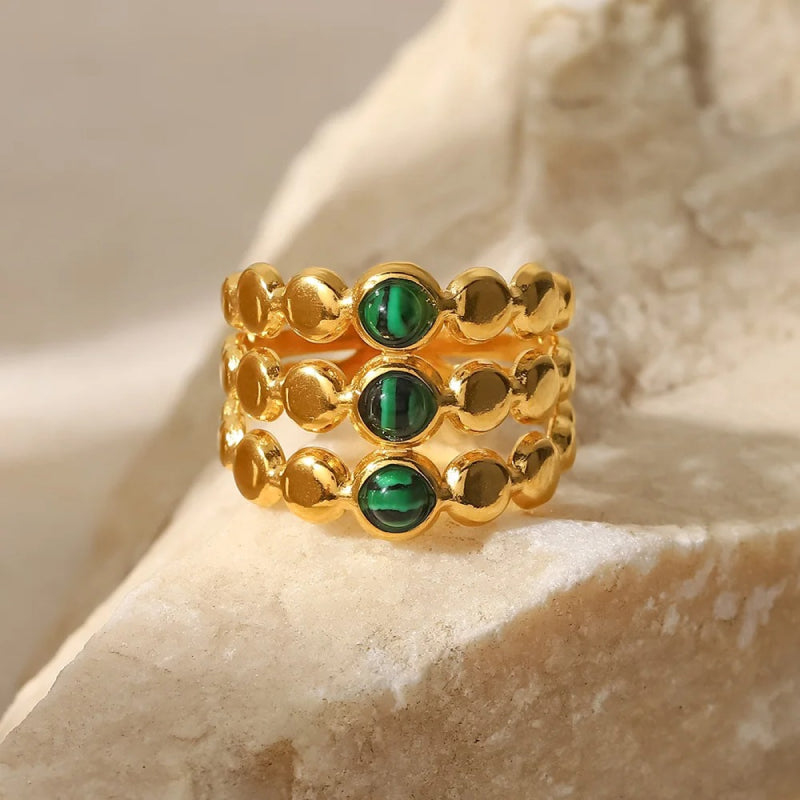 Anel ajustável de três camadas com malaquita verde banhado a ouro 18K