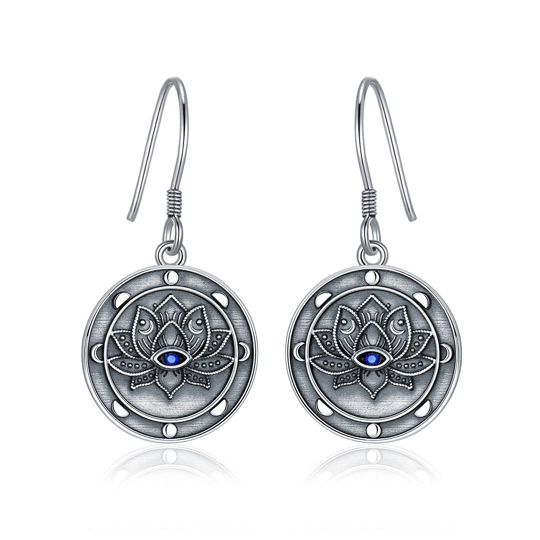 Evil Eye Earrings Sterling Silver Evil Eye Lotus Flower Dangle Drop Earrings Moon Phase Spiritual Evil Eye Jewelry Gifts for Women Girls