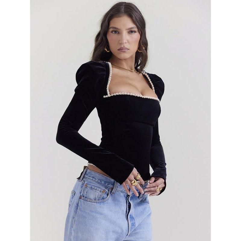Backless Square Collar Sexy T-Shirt with Shoulder Pads