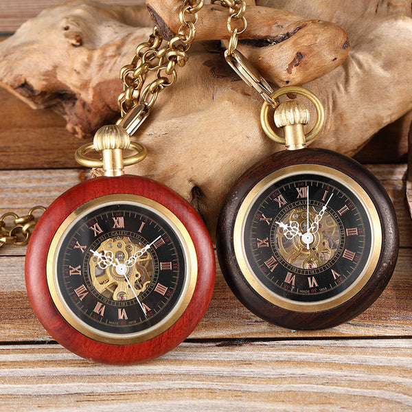 Red Copper Wood Roman Scale Retro Mechanical Pocket Watch