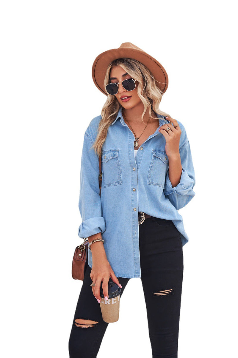 women's thin denim slim long-sleeved shirt, view 2 - MRSLM
