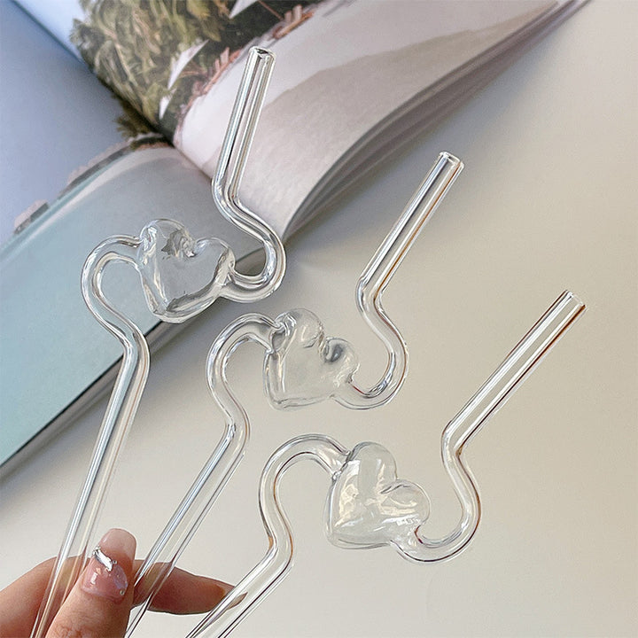 Love Heart Glass Straw Reusable High Borosilicate Glass Drinking Straws Bubble Tea Straws For Cocktails Bar Accessories Kitchen Gadgets
