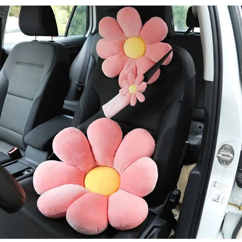 Soft Flower Car Neck & Waist Pillow with Safety Seat Belt Shoulder Pad