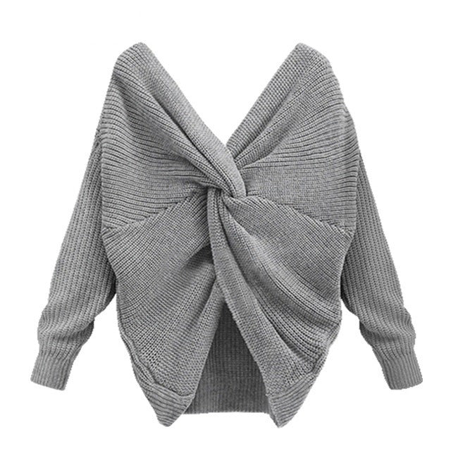 V-neck Cross Backless Sweater Sexy Long-sleeved Sweater