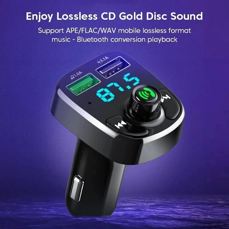 Transmissor FM Bluetooth para carro com MP3, LED, carregador USB duplo e função mãos-livres para chamadas.