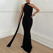 inclined shoulder maxi long dress, view 15 - MRSLM