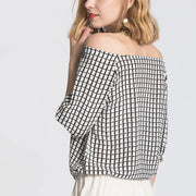 silk crepe plaid print top, view 5 - MRSLM
