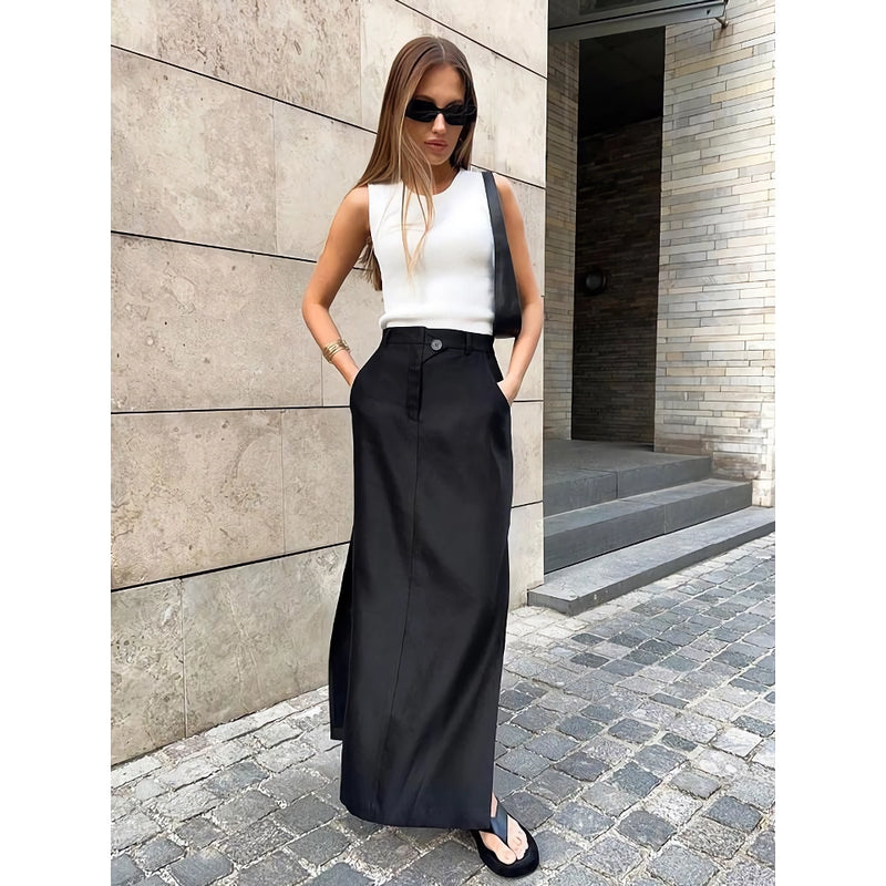 black ankle-length a-line skirt with pockets, view 5 - MRSLM