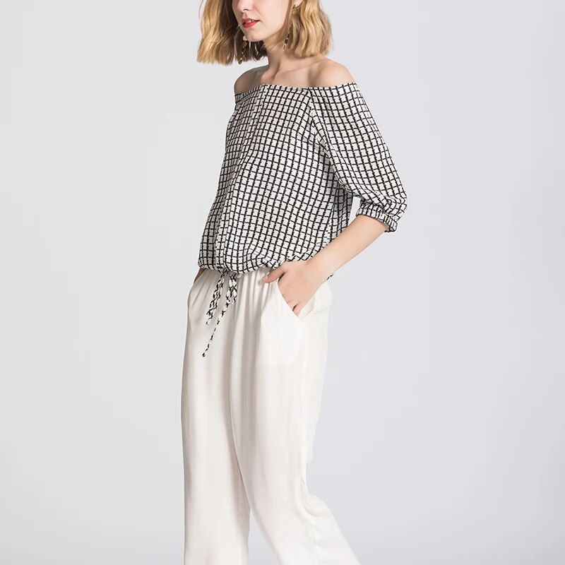 silk crepe plaid print top, view 4 - MRSLM