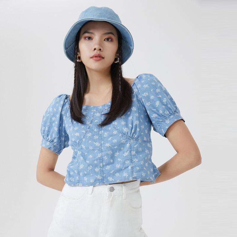floral denim crop top, view 5 - MRSLM