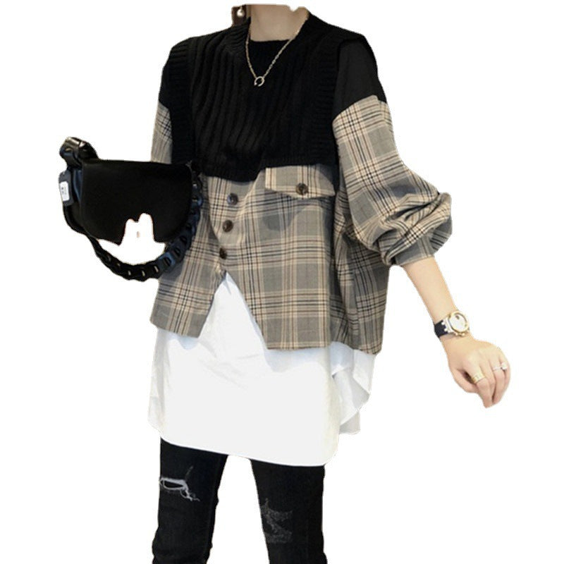 New Loose Shirt Splicing Knitwear Women Fake Two Pieces Western Style Shirt