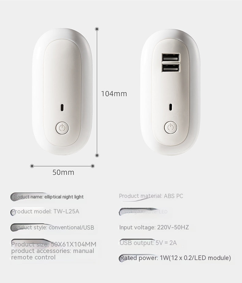 Ovale kleine Nachtlampe mit zwei USB-Ladeanschlüssen, Fernbedienung, Timer und Steckdosenanschluss