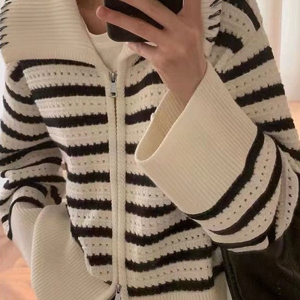 Women's striped knitted cardigan sweater