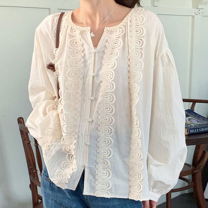 Autumn New Round Neck Special-interest Design Lace Stitching Long-sleeved Shirt