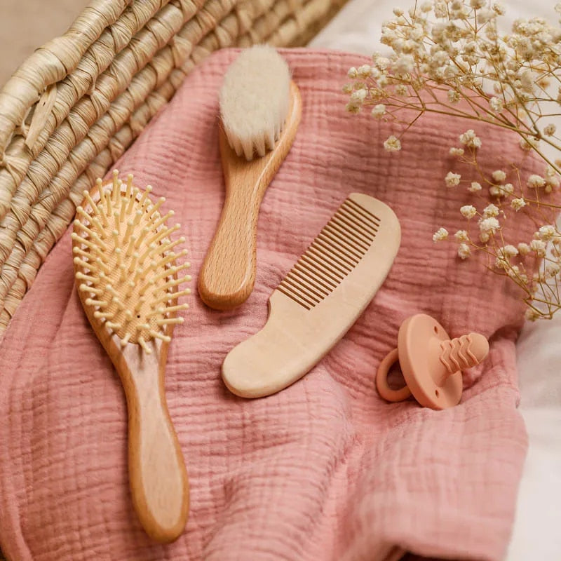 beech wood baby hair brush and massager, view 5 - MRSLM