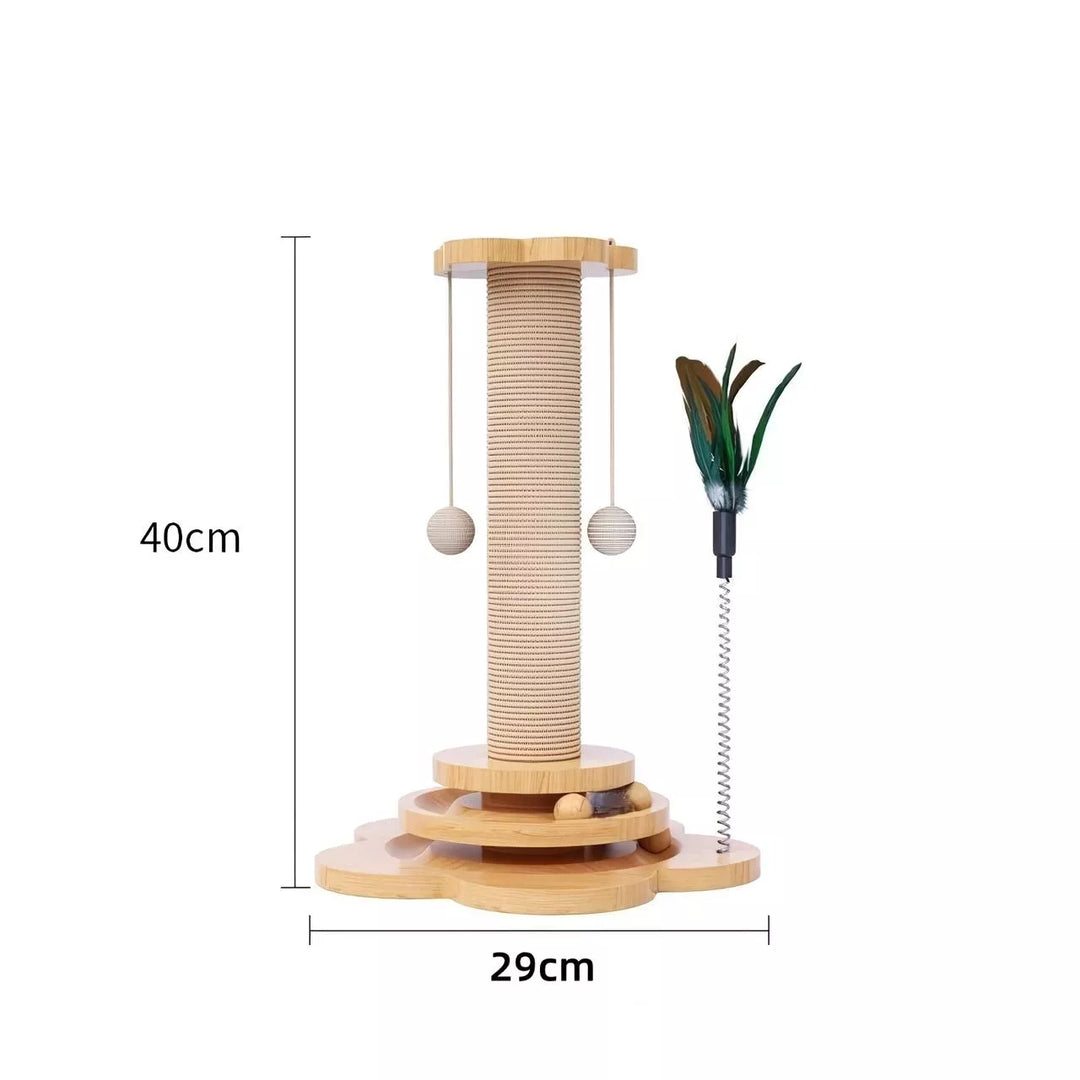 Pine Wood Cat Scratcher Tower with Interactive Turntable Balls