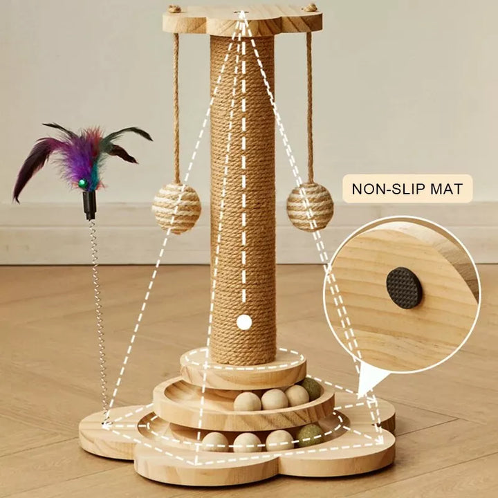 Pine Wood Cat Scratcher Tower with Interactive Turntable Balls