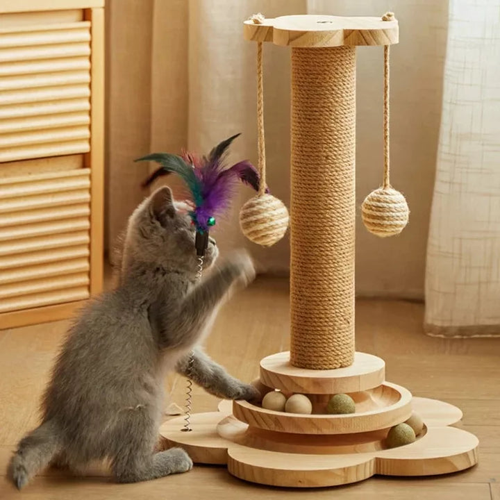 Pine Wood Cat Scratcher Tower with Interactive Turntable Balls