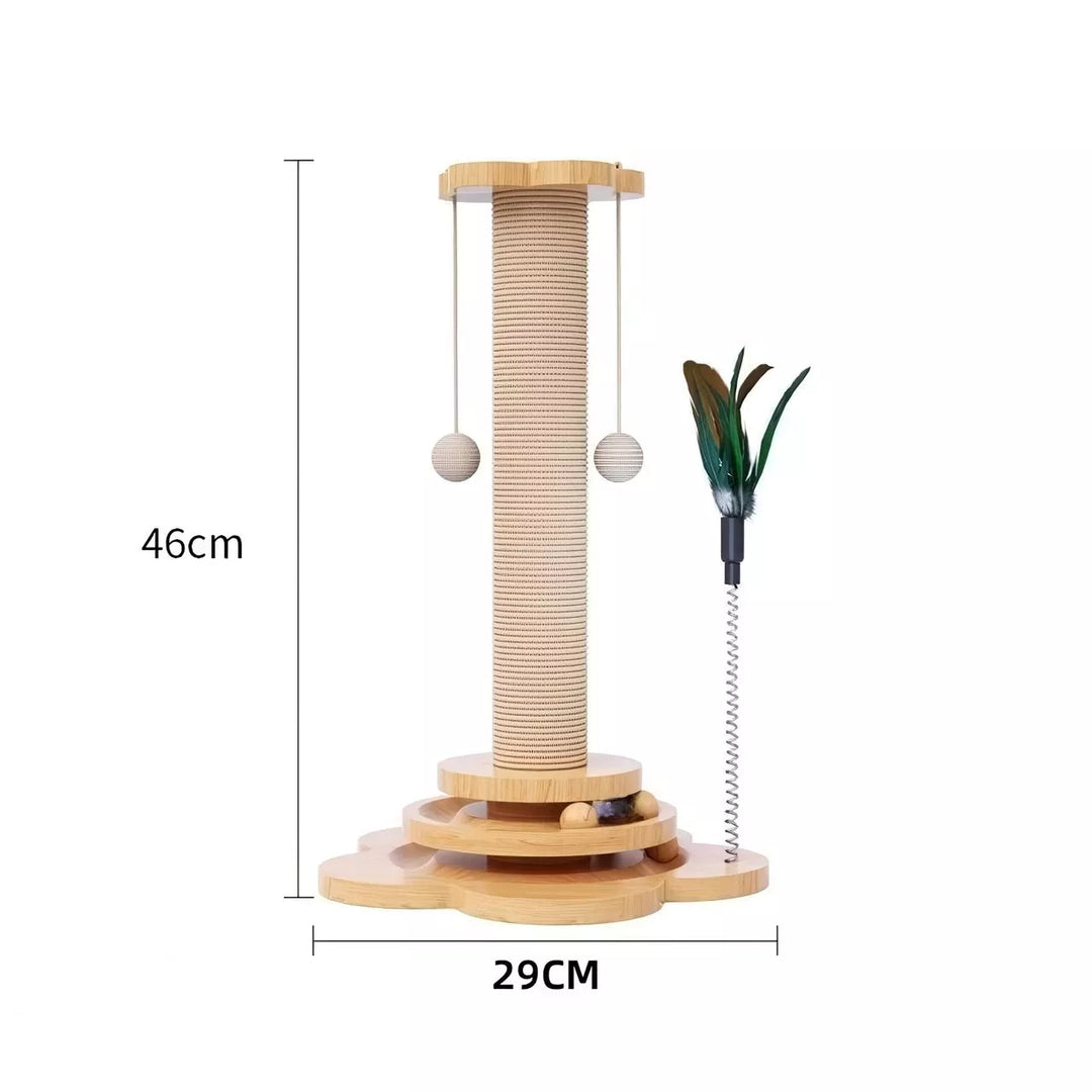 Pine Wood Cat Scratcher Tower with Interactive Turntable Balls