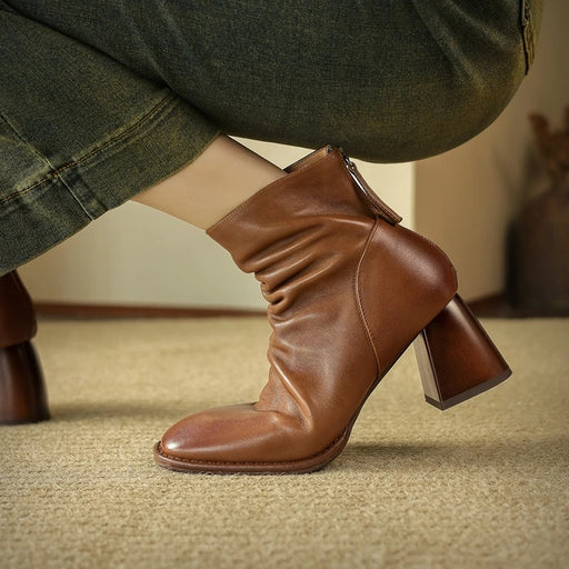 women's leather chunky heel ankle boots - MRSLM
