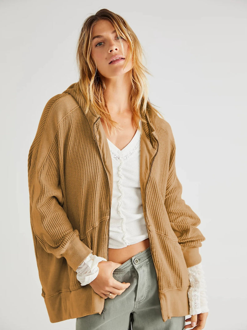 oversized waffle knit zipper hoodie, view 3 - MRSLM