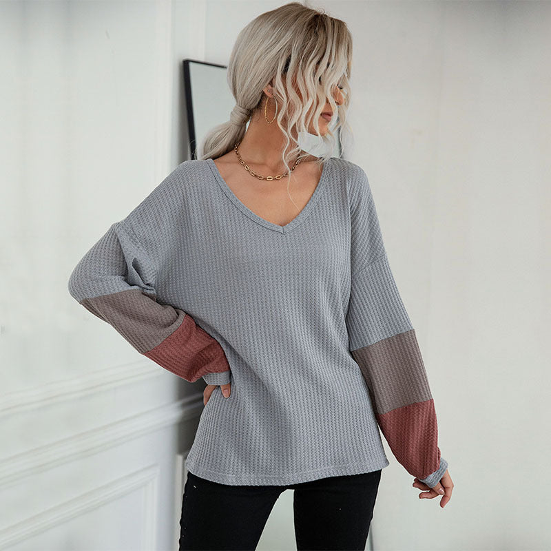 New Color Blocking Long Sleeve Waffle V-neck Pullover Knitted Top