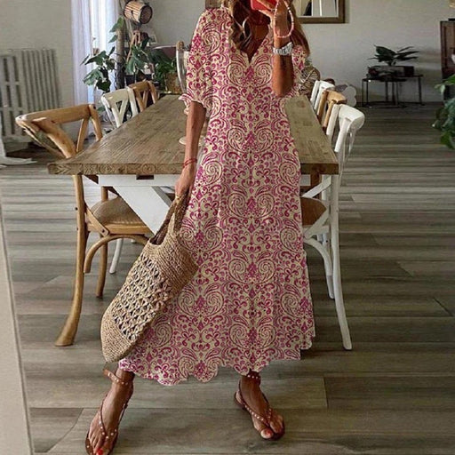 casual v-neck printed mid-length dress - MRSLM