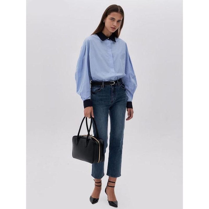 Elegant Blue Patchwork Office Blouse