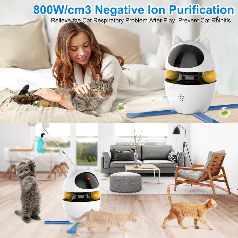 Brinquedo interativo 3 em 1 para gatos com laser e penas, com trackball automático e altura ajustável.
