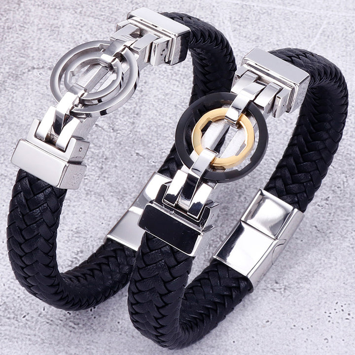 Stainless Steel Vintage Men's Titanium Leather Bracelet