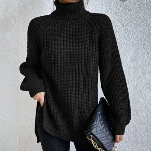 women's turtleneck pullover sweater with split design, view 5 - MRSLM
