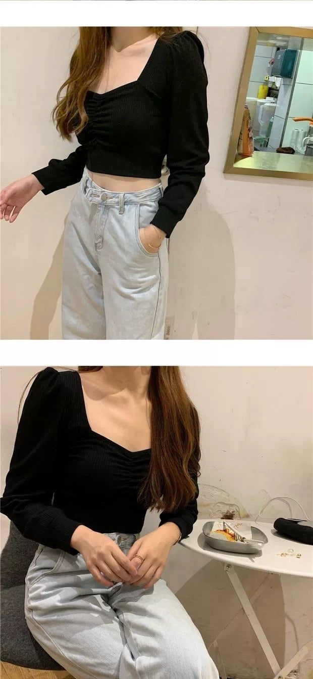 Bare Midriff High Waist Short Shirt Long-sleeved Shirt