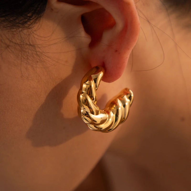 twisted C-shaped gold plated stud earrings, view 4 - MRSLM
