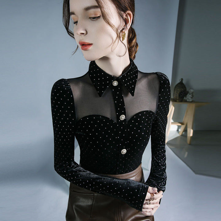 Polka Dot Shirt Women's Vintage Doll Collar Velvet Long Sleeves