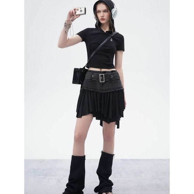 Street Black Denim Mini Skirt with Ruffled Hem